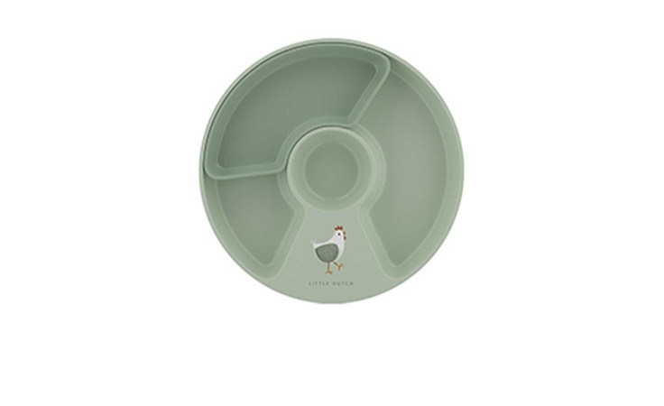 Runder, grüner Mepal Kinderteller mit Unterteilung Mio Little Farm, 3-teilig, Hühnermotiv, 20 cm Durchmesser.