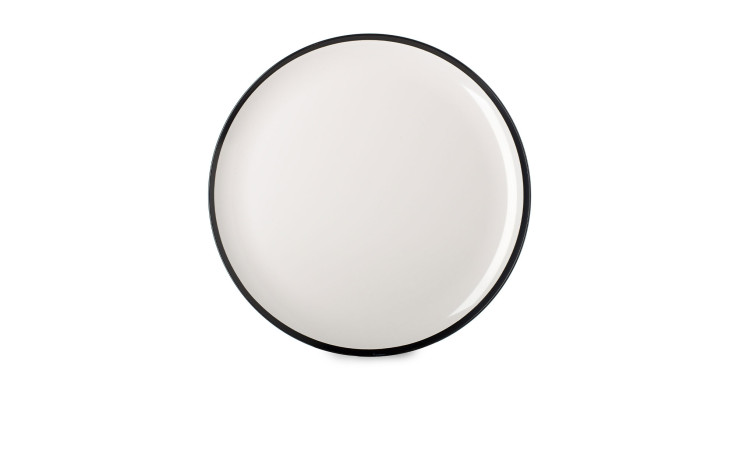 Der Mepal Essteller Flow ist ein 26 cm großer runder Kunststoffteller in Schwarz Weiß mit einem dünnen schwarzen Rand.