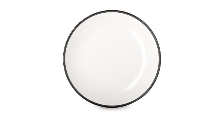 Ein Suppenteller Flow 22,2 cm von Mepal, schwarz-weiß mit dünnem Rand auf weißem Hintergrund.