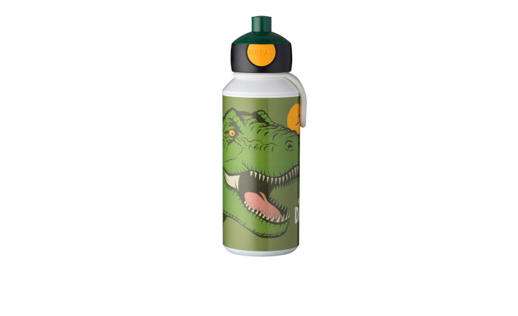 Die Mepal Trinkflasche Campus 400 ml ist eine grüne Trinkflasche mit einem Cartoon-Dino-Gesicht und orangefarbenem Knopfverschluss.