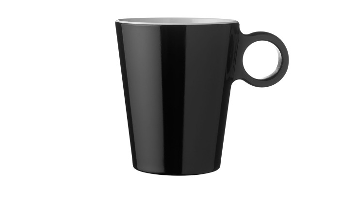 Der Mepal Henkelbecher Flow 300 ml, ein schwarzer Keramikbecher mit rundem Henkel, auf weißem Hintergrund.