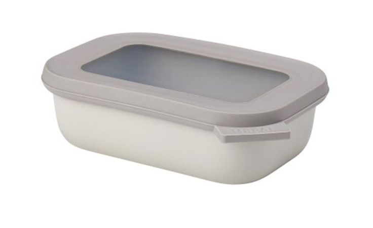 Der Mepal Multischüssel Cirqula 500 ml ist ein weißer Vorratsbehälter aus Kunststoff mit einem grauen Deckel und einem transparenten Sichtfenster oben.