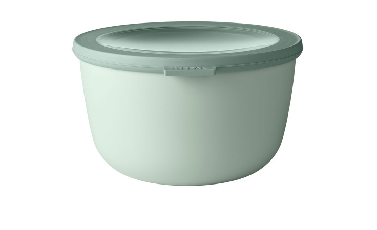 Ein hellgrüner Mepal Multischüssel Cirqula 2000 ml runder Lebensmittelbehälter mit passendem Deckel auf weißem Hintergrund.