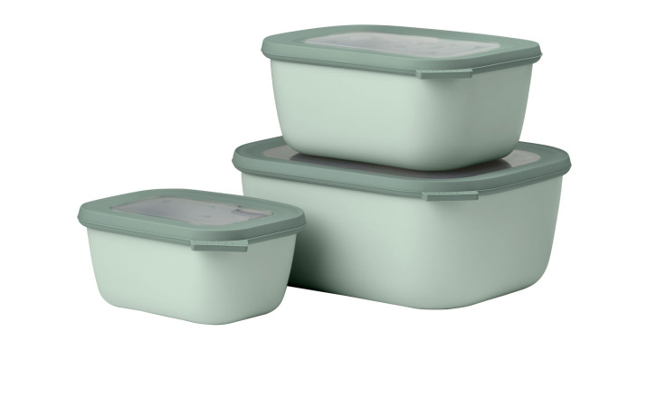 Drei Mepal Multischüssel-Set Cirqula 3-tlg. Lebensmittelbehälter, gestapelt mit Deckeln, auf weißem Hintergrund.