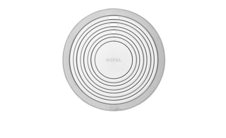 Eine runde, transparente Mikrowellenabdeckung Cirqula von Mepal, mit konzentrischen Kreisen und dem Mepal-Logo in der Mitte.