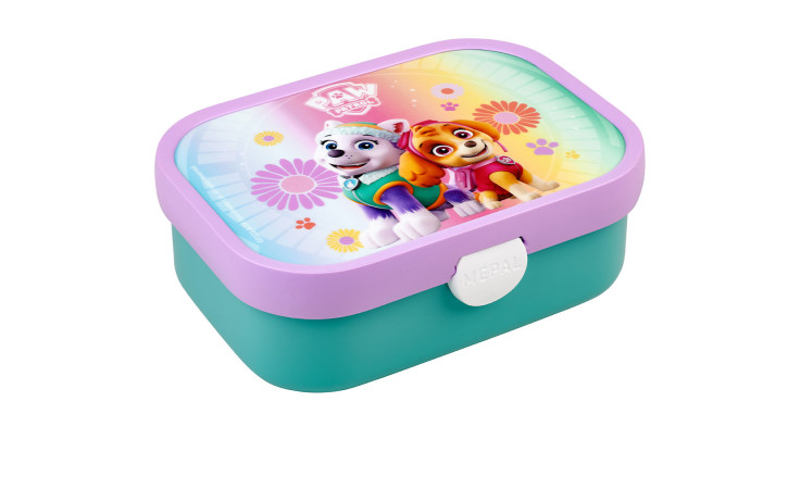 Mepal Brotdose Campus Paw Patrol - lila/tealfarbene Brotdose mit geblümtem Deckel und weißem Verschluss.