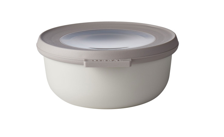 Der Mepal Multischüssel Cirqula 350 ml ist ein weißer Lebensmittelbehälter aus Kunststoff mit einem grauen Deckel und einem klaren Fenster in der Mitte.
