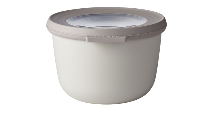 Der Mepal Multischüssel Cirqula 500 ml ist ein weißer Kunststoff-Lebensmittelbehälter mit einem hellgrauen Deckel und einem transparenten Kern.