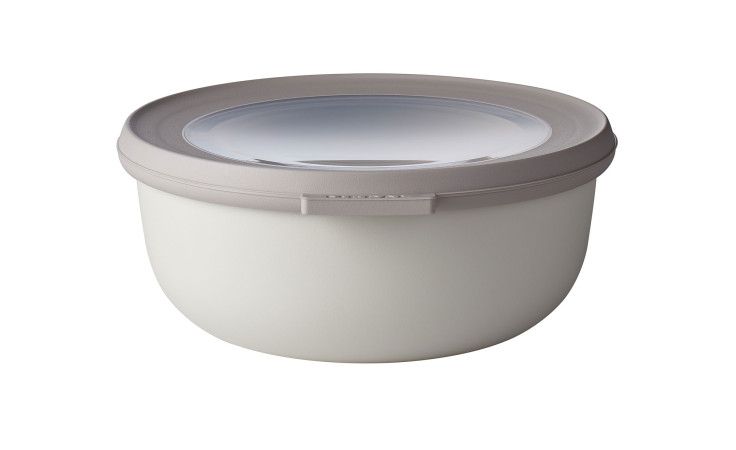 Der Mepal Multischüssel Cirqula 750 ml ist ein runder, weißer Vorratsbehälter mit grauem Deckel und Klarsichtfenster.