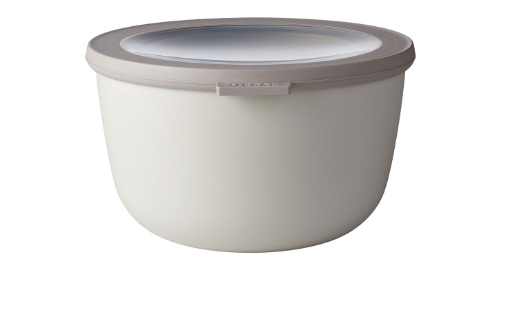Die Mepal Multischüssel Cirqula 2 l ist weiß, hat einen grauen Deckel mit transparentem Zentrum und ist einfach nutzbar.