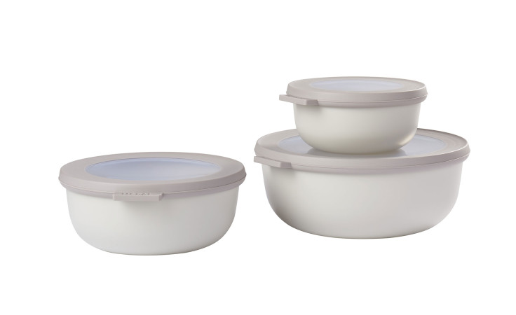 Drei Mepal Multischüssel-Set Cirqula 3-tlg. weiße Kunststoffbehälter mit grauen Deckeln, gestapelt nach Größe auf weißem Hintergrund.