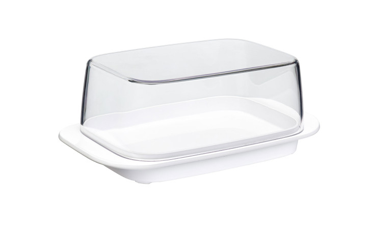 Die Mepal Butterdose ist eine weiße, rechteckige Butterdose mit transparentem Deckel, die auf einem schlichten Hintergrund abgebildet ist.