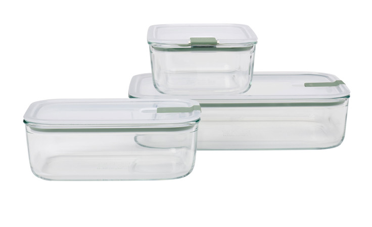Das Mepal Frischhaltedosen-Set Easyclip 3-tlg. zeigt drei klare Behälter mit grünen Deckeln in verschiedenen Größen.