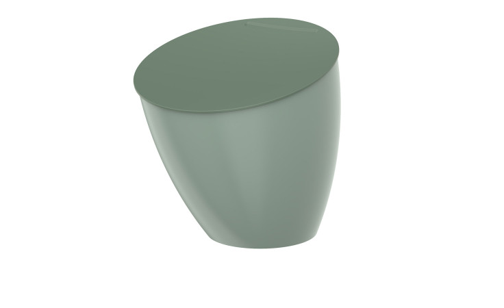 Der Mepal Abfallbehälter Calypso 2,2 l ist ein moderner grüner ovaler Kunststoffbehälter mit abgeschrägtem Deckel auf weißem Hintergrund.