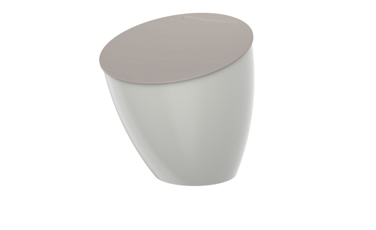 Der Mepal Abfallbehälter Calypso 2,2 l ist ein moderner ovaler Abfalleimer mit gekipptem beigen Deckel und hellgrauem Korpus.