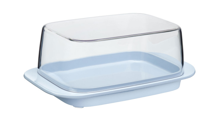 Die Mepal Butterdose ist eine blaue rechteckige Butterdose mit einem transparenten Kunststoffdeckel auf weißem Hintergrund.