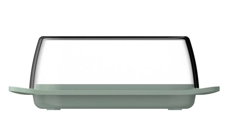 Grüne rechteckige Mepal Butterdose aus Kunststoff mit transparentem Deckel vor weißem Hintergrund.