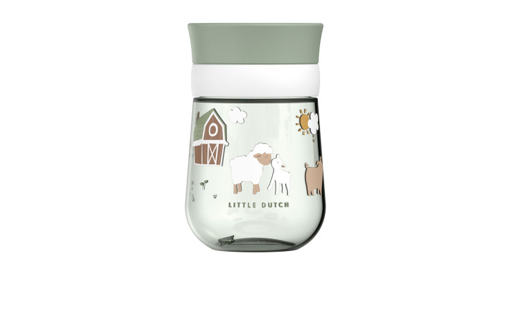 Transparenter Trinklernbecher Mio Little Farm 300 ml von Mepal, bunt mit grünen Details und Bauernhofmotiven.