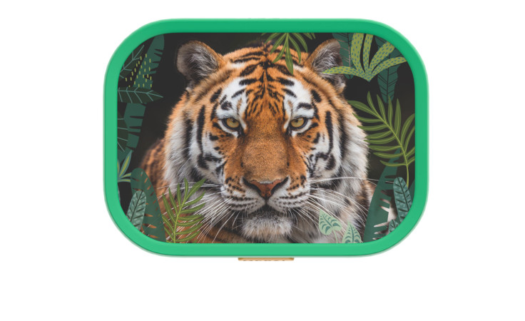 Nahaufnahme des Gesichts eines Tigers auf dem Mepal Brotdose Campus Wild Tiger, mit grünem Rahmen und illustrierten Blättern.