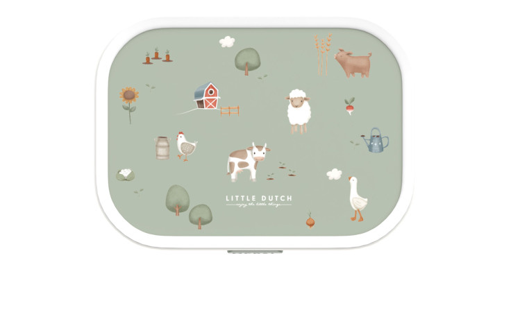 Bunter Deckel der Brotdose Campus Little Farm von Mepal mit süßem Farm-Motiv und Little Dutch Logo.