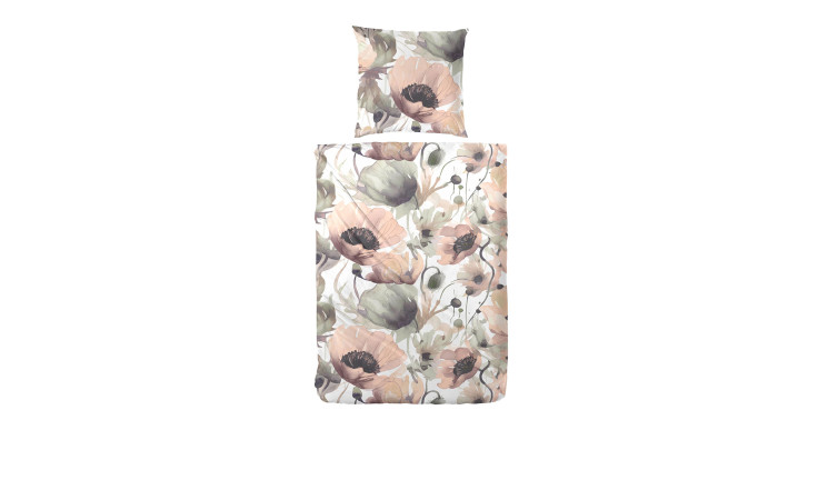 Flanell Bettwäsche 155 x 220 cm mit rosa-grünen Blumen auf Weiß, aus weicher Naturfaser.