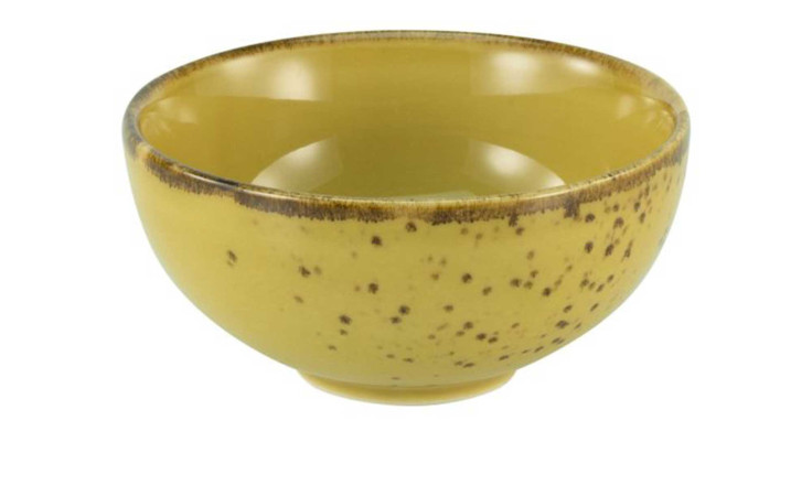 Die Creatable Sojaschale Nature 8 cm ist eine runde Steinzeugschale mit braunen Sprenkeln, ideal zum Servieren von Curry.