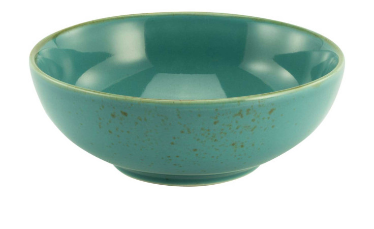 Die Creatable Salatschüssel Nature 23,5 cm ist eine glänzende türkisblaue Schale mit einem dezent gesprenkelten Muster.