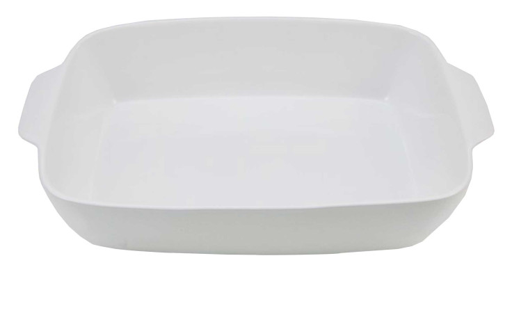 Die Creatable Auflaufform Big (26 x 6,5 x 17 cm) ist eine rechteckige weiße Schale mit seitlichen Henkeln, die auf einem einfarbigen Hintergrund abgebildet ist.