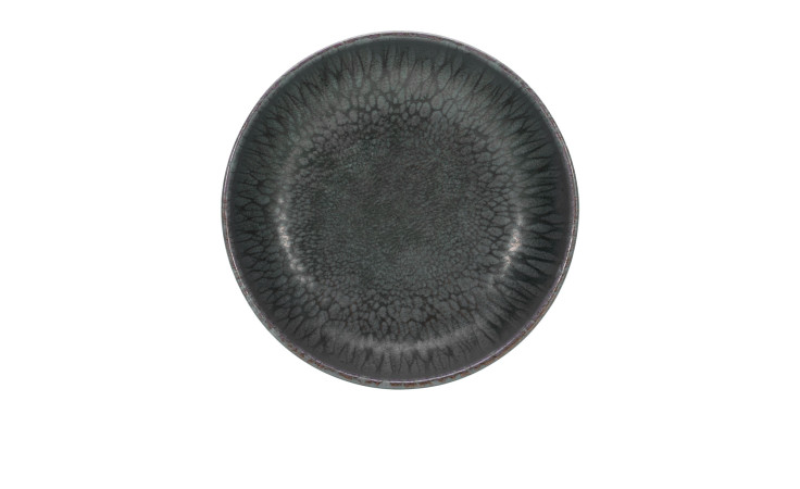 Creatable Suppenteller Uno 22 cm: runder Craquelé-Steinzeug-Teller in Volcano Dark, von oben auf Weiß abgebildet.