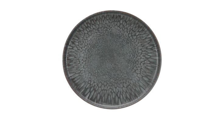 Eine runde Creatable Gourmetplatte Uno 33 cm in grauem Steingut mit einem strukturierten, schuppenartigen Muster, Ansicht von oben.