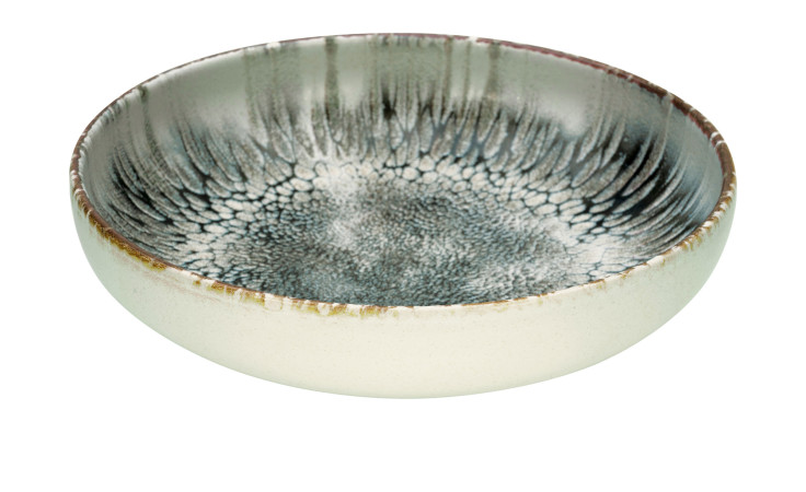 Creatable Suppenteller Uno 22 cm: eine flache graue Schale mit gesprenkelter Innenseite und glattem hellen Rand.