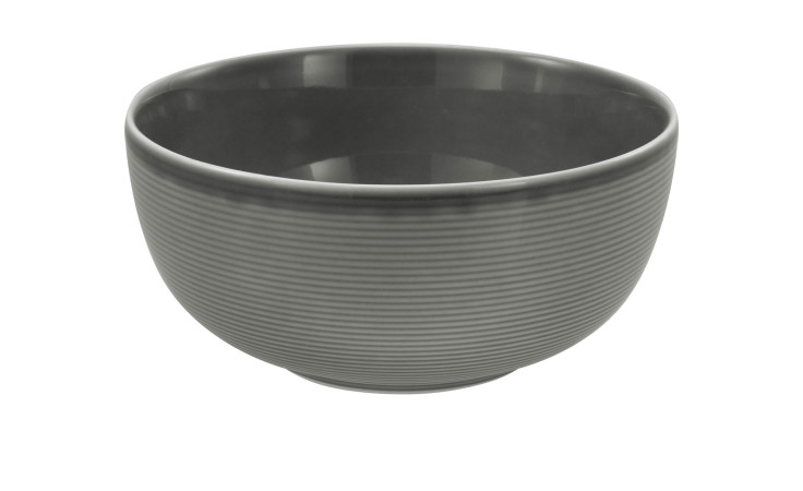 Eine graue Creatable Buddha Bowl Session 16 cm mit gerippter Textur und glänzender Innenseite auf einem weißen Hintergrund.