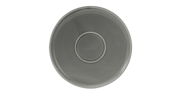 Creatable Kaffeeuntere Session 15 cm, runder grauer Porzellanteller mit konzentrischen Rillen, auf weißem Grund.