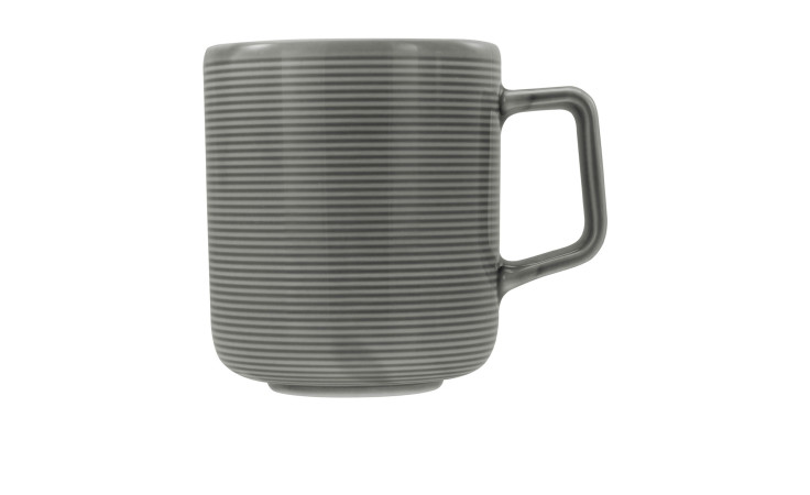 Creatable Kaffeebecher Session 400 ml in Grau mit dünnen Streifen und rechteckigem Henkel, Ø 8 cm.