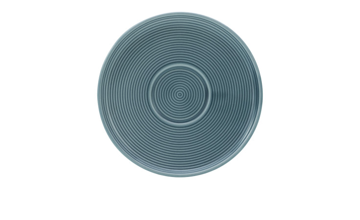 Die Creatable Kaffeeuntere Session 15 cm, eine runde blaue Porzellanuntertasse mit Rillen, von oben auf weiß abgebildet.