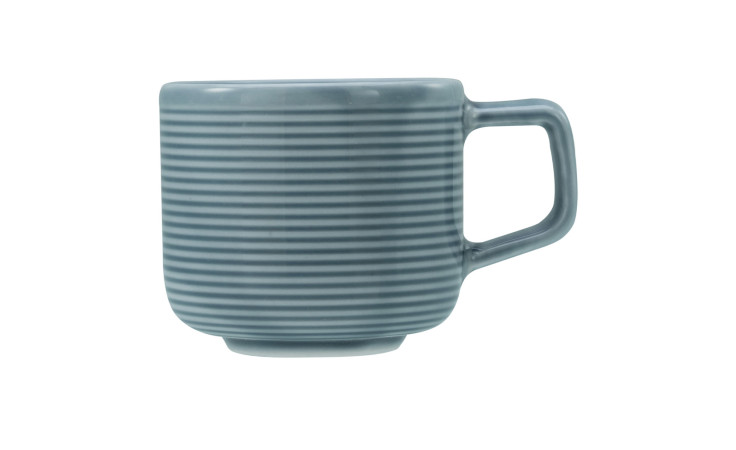 Ein Creatable Espressoobere Session 100 ml Becher mit horizontalen weißen Streifen, quadratischem Henkel, 6 cm hoch, auf weißem Hintergrund.