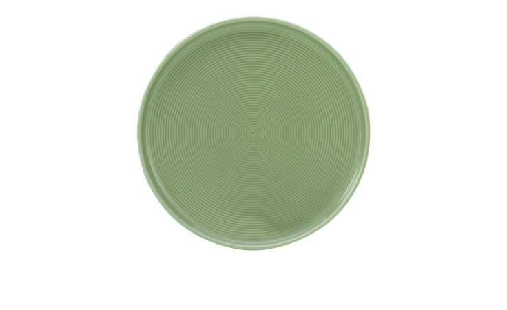 Der Creatable Speiseteller Session 26 cm ist ein runder, salbeigrüner Porzellanteller mit einem strukturierten Muster.
