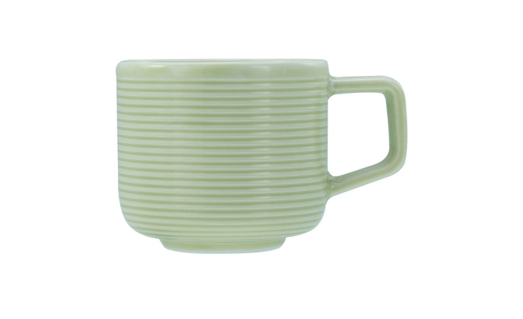 Ein hellgrüner Creatable Espressoobere Session 100 ml Becher mit quadratischem Henkel, Rillen, Ø6 cm, auf weißem Hintergrund.