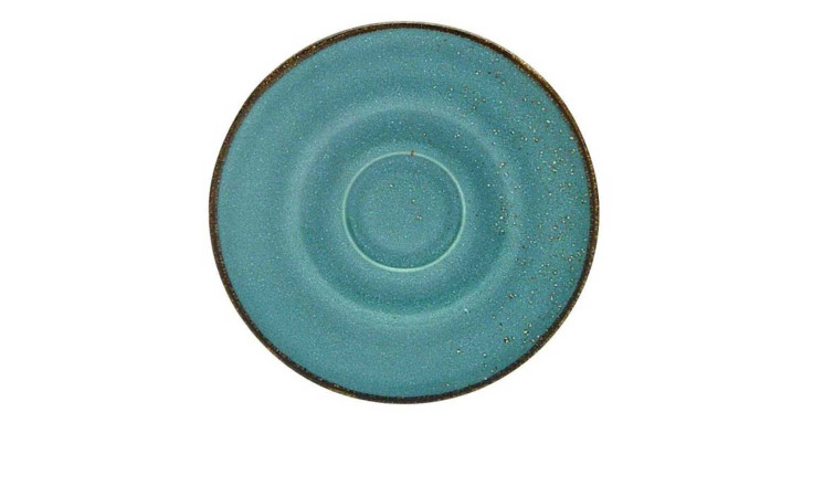 Creatable Untertasse Nature 15 cm: runder blauer Steingutteller mit braunem Rand und Mustern, Ansicht von oben auf weiß.