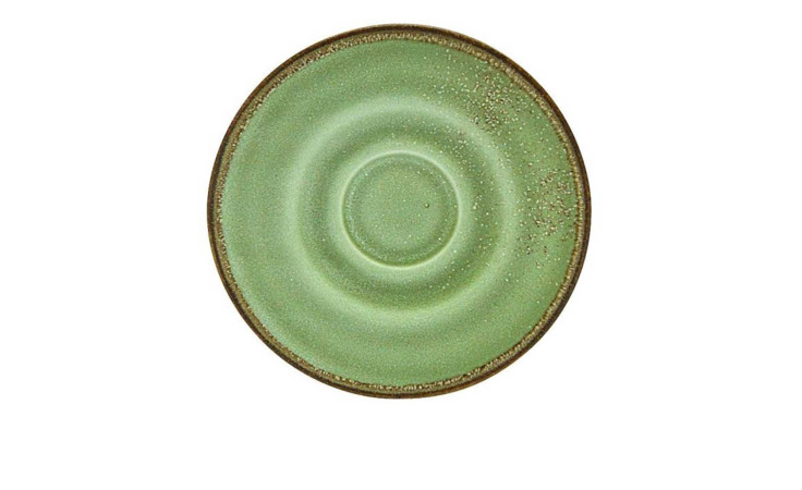 Die Creatable Untertasse Nature 15 cm ist ein runder, grüner Steinzeugteller mit braunem Rand, der auf weißem Grund abgebildet ist.