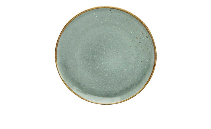 Creatable Dessertteller Nature 21 cm: runder grauer Steingutteller mit grünlich-blauer Mitte, braunem Rand auf weißem Grund.