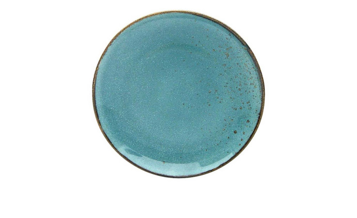 Der Creatable Dessertteller Nature 21 cm ist ein runder, blauer Steingutteller mit rustikalem, braunem Rand und gesprenkeltem Design.