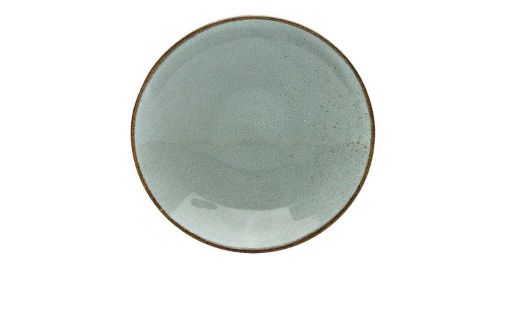 Creatable Suppenteller Nature: runder, grauer Steinzeug-Teller mit braunem Rand, 22 cm, von oben auf weiß gezeigt.