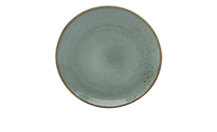 Der Creatable Speiseteller Nature 27 cm ist ein runder Keramikteller in gedämpftem Grün mit braun gesprenkeltem Rand.