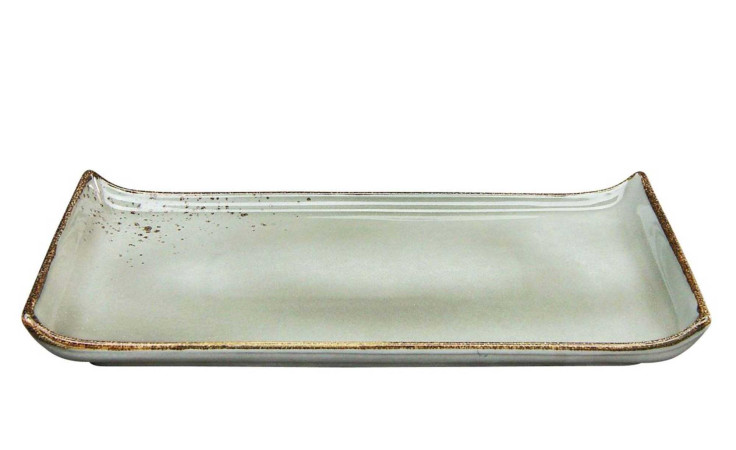 Die Creatable Servierplatte Nature 33 x 16,5 cm hat hochgezogene, geschwungene Kanten und eine rustikale braune Verzierung in Grau.
