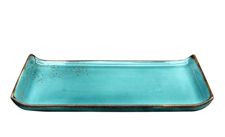 Die Creatable Servierplatte Nature 33 x 16,5 cm ist ein rechteckiger Teller aus blauem Steinzeug mit erhöhtem Rand und gesprenkelter Oberfläche.
