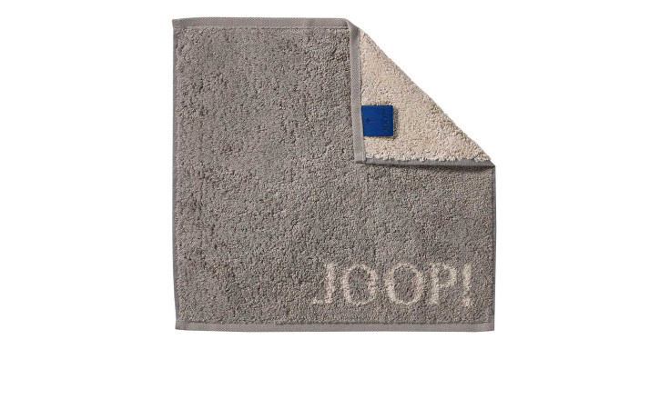 JOOP! Seiftuch Classic 30x30 cm in Grau mit Logo, beiger Rückseite, blauem Etikett; aus weicher Naturfaser.