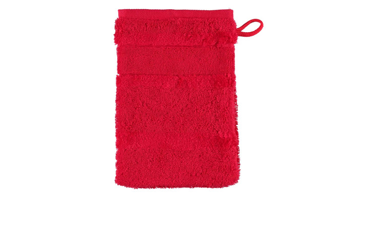 Der Cawö Waschhandschuh Noblesse, 16x22 cm, in leuchtendem Rot mit einer Aufhängeschlaufe oben rechts, ist auf Weiß abgebildet.