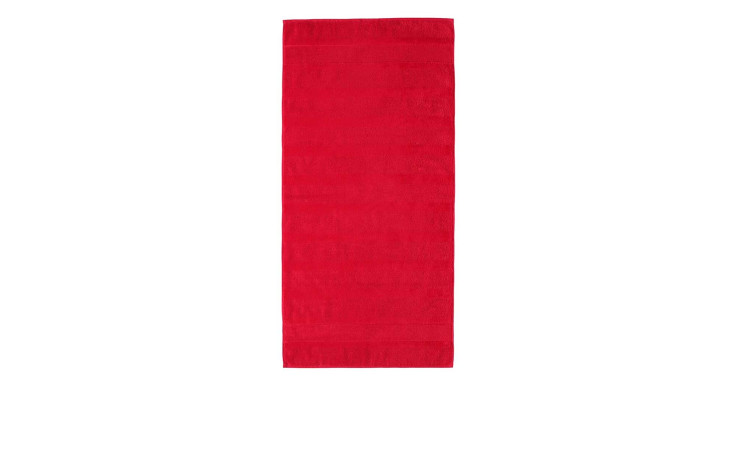Ein Cawö Duschtuch Noblesse 80 x 160 cm in leuchtendem Rot liegt flach auf einem weißen Hintergrund.