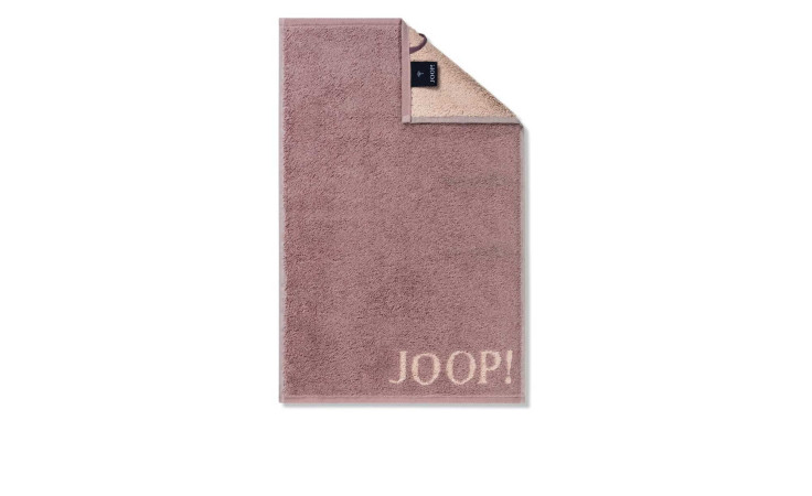 Ein gefaltetes JOOP! Gästehandtuch Classic 30x50cm in rosa mit Eckstickerei und beiger Rückseite.